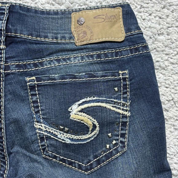 Silver Jeans Womens 28 Suki Super Stretch Slim Boot Cut Mid Rise Dark Big Stitch - Picture 5 of 5